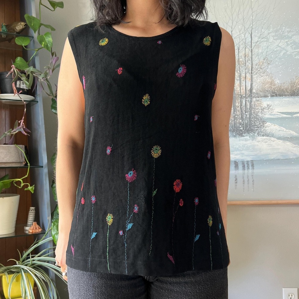 Vintage Slinky Top Black Embroidered Floral Sleeveless Blouse Minimalist Large - Picture 4 of 8